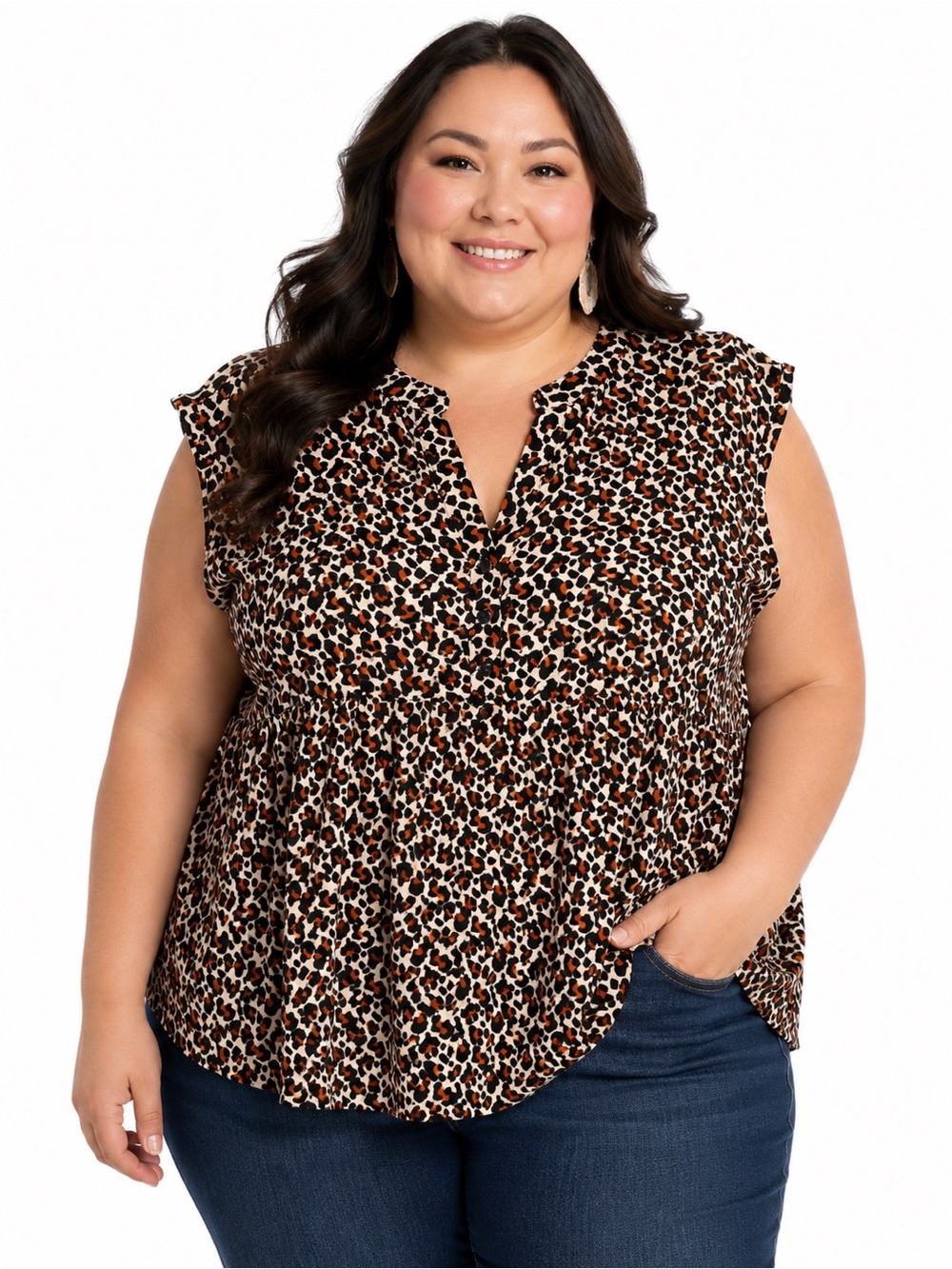 Cocomo Woman Leopard Print Sleeveless Henley Blouse – Women’s Plus Size 3X
